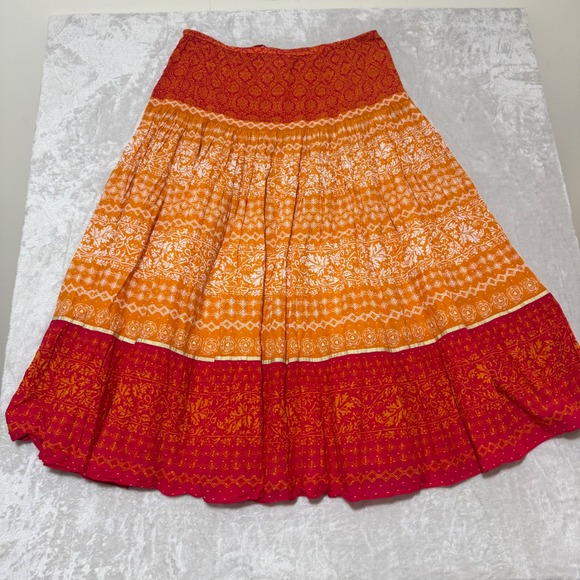 Sundance Women's Boho Cotton Maxi Skirt L Drawstring Orange Red Artsy Flowy - Picture 2 of 9